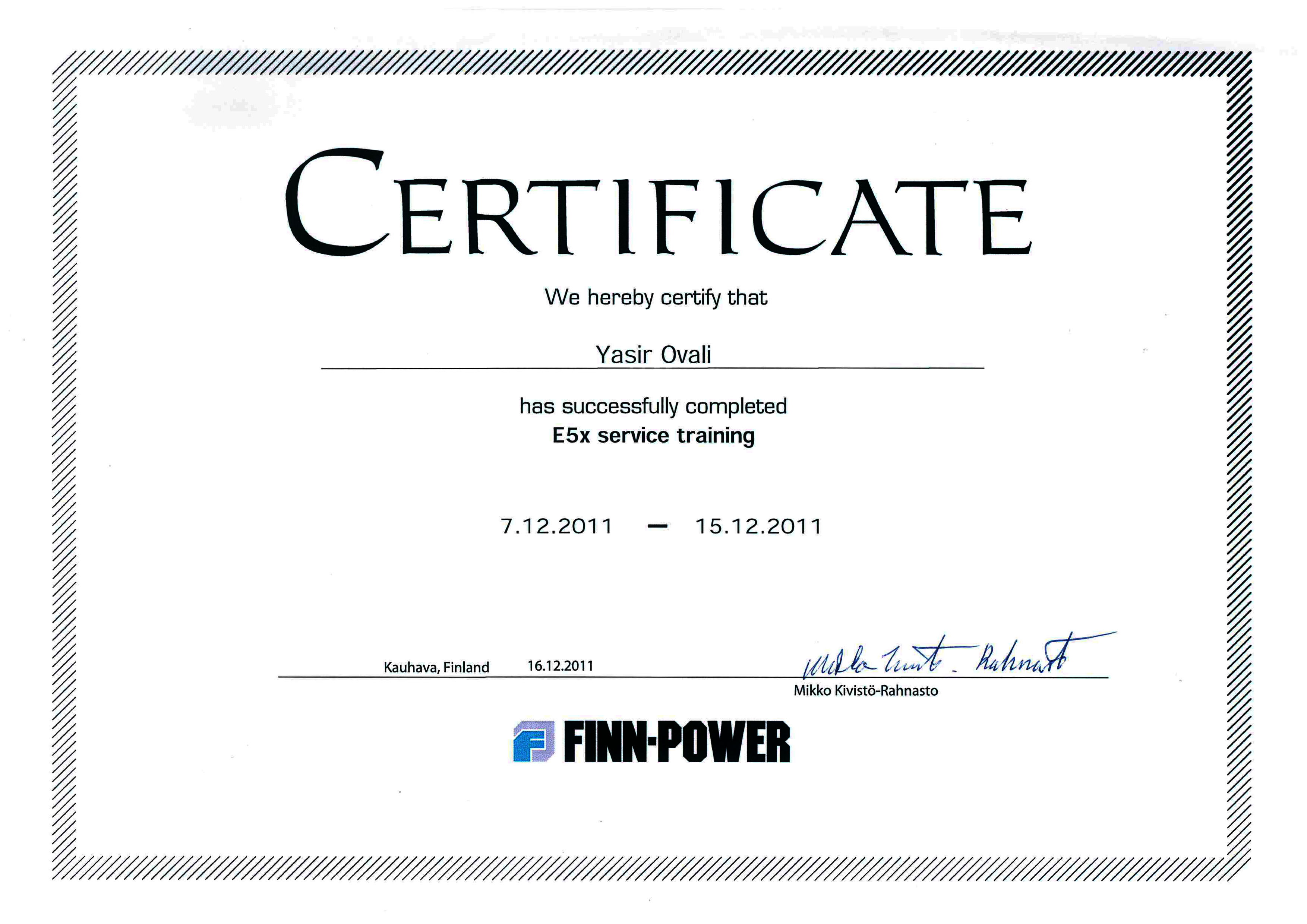 Finn Power sertifikası