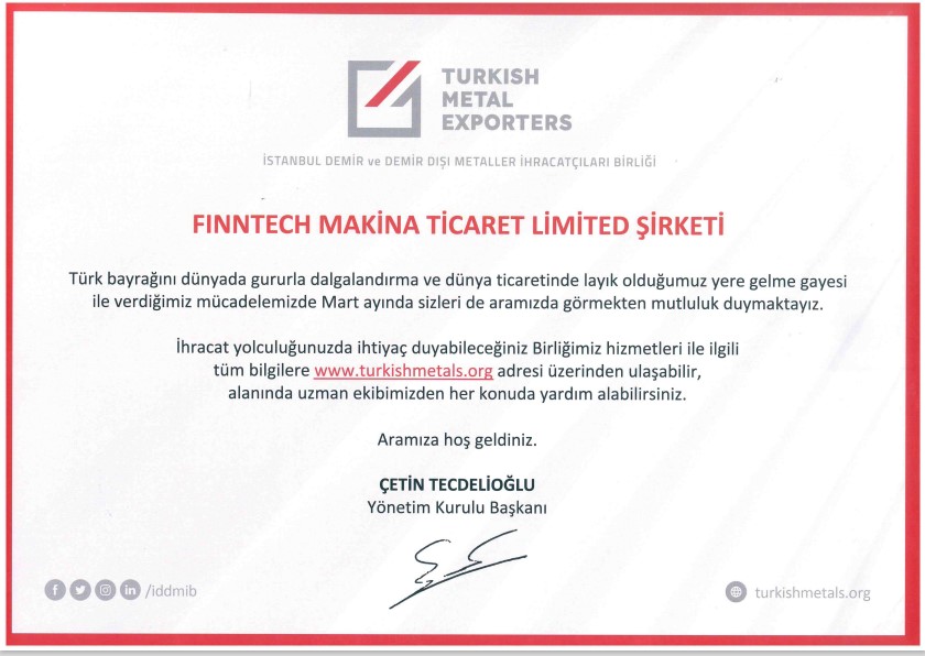 Turkish Metal Exporters üyelik sertifikası