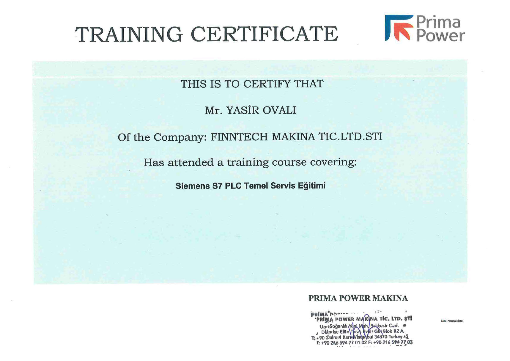 Prima Power sertifikası 3